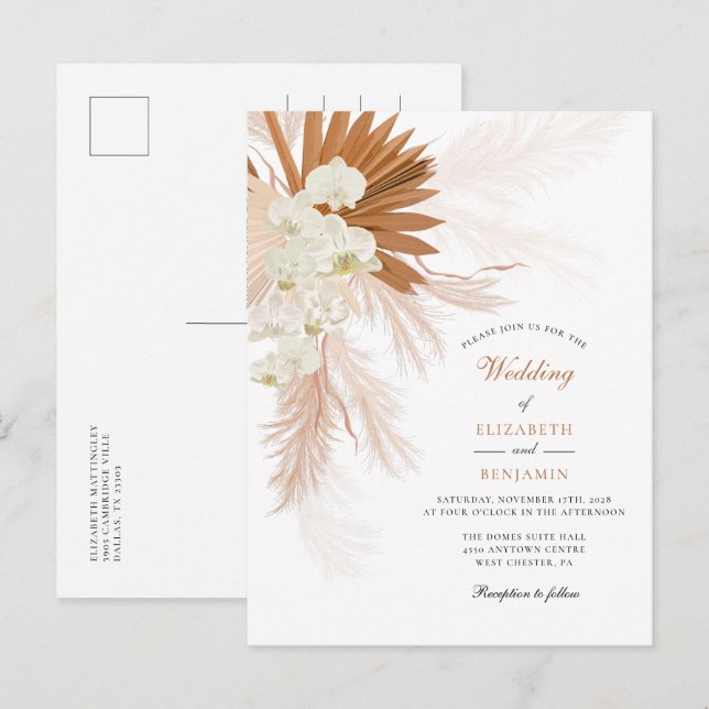 Postal De Invitación Boda Rústico De Floral De Grass Pampas (Anverso / Reverso)