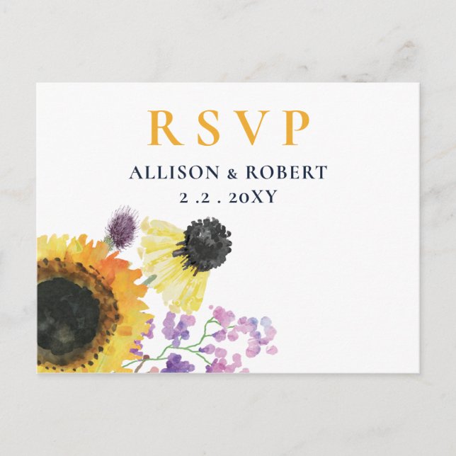 Postal De Invitación Boda Rústico de Sunflower Azul de la Marina de col (Anverso)