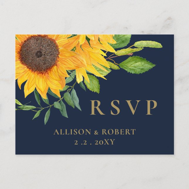 Postal De Invitación Boda Rústico de Sunflower Azul de la Marina de col (Anverso)