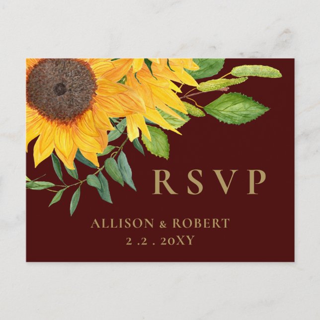 Postal De Invitación Boda Rústico del Girasol de Borgoña (Anverso)