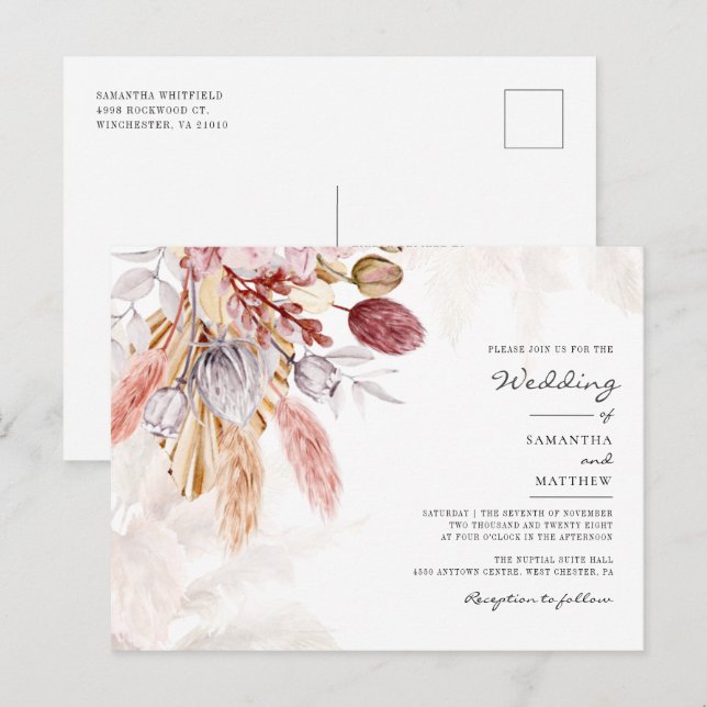 Postal De Invitación Boda Rústico Pampas Grass Floral Terracotta (Anverso / Reverso)