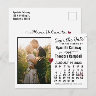 Postal De Invitación Boda Salva la Fecha Foto del Calendario de Agosto