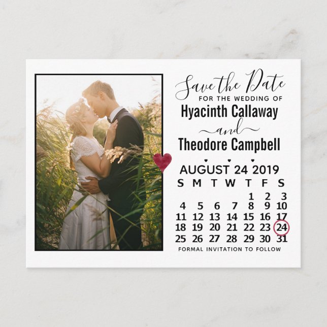 Postal De Invitación Boda Salva la Fecha Foto del Calendario de Agosto  (Anverso)