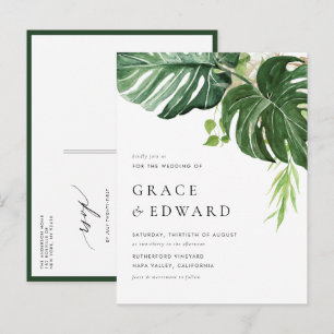 Postal De Invitación Boda Tropical con Acuarela de Monstera para Destin