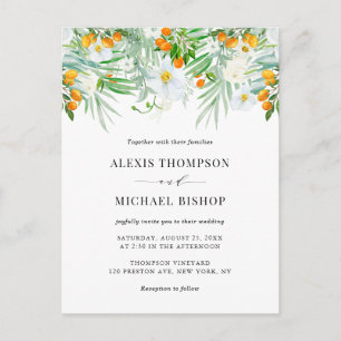 Postal De Invitación Boda Tropical de Acuarela de Orquídeas y Kumquats