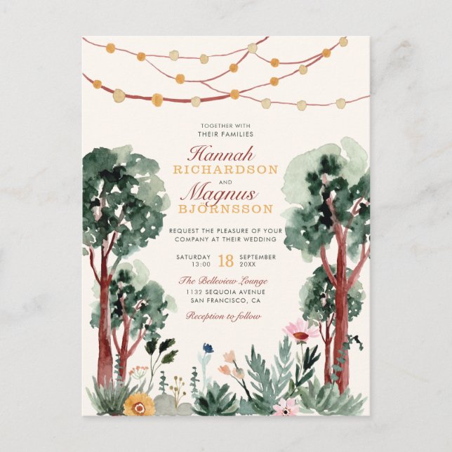 Postal De Invitación Boda único de árboles botánicos verdes dulces y os (Anverso)