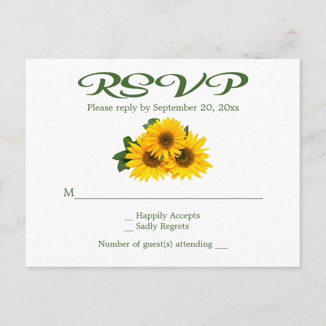 Postal De Invitación Boda verde floral RSVP Rústico de girasol amarillo (Anverso)