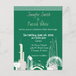 Postal De Invitación Boda verde y pastel del Skyline de Chicago