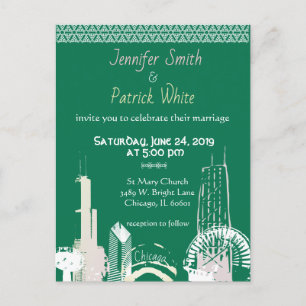 Postal De Invitación Boda verde y pastel del Skyline de Chicago