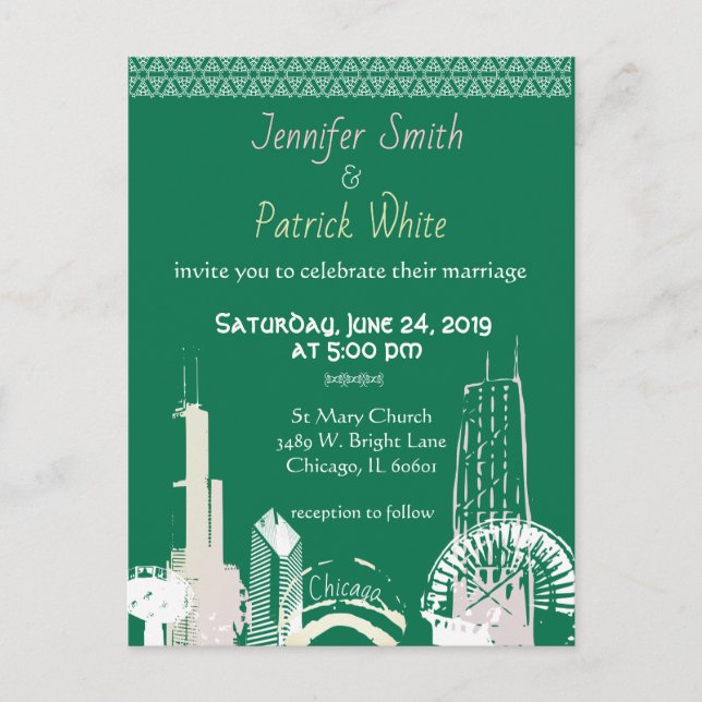 Postal De Invitación Boda verde y pastel del Skyline de Chicago (Anverso)