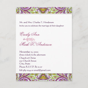 Postal De Invitación Boda verde y rosa paisley