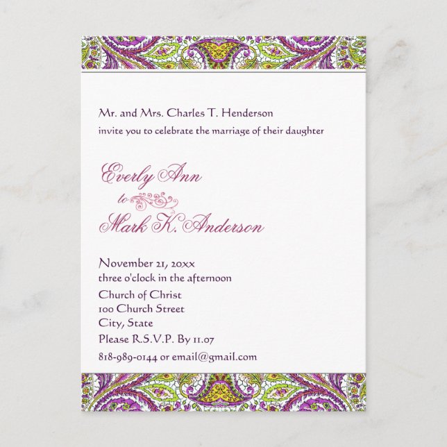 Postal De Invitación Boda verde y rosa paisley (Anverso)