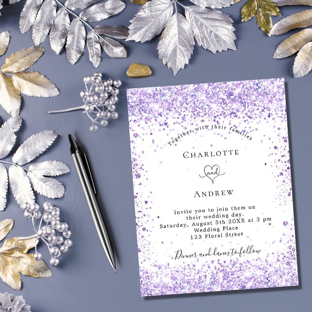 Postal De Invitación Boda violeta purpurina guión blanco elegante (Subido por el creador)