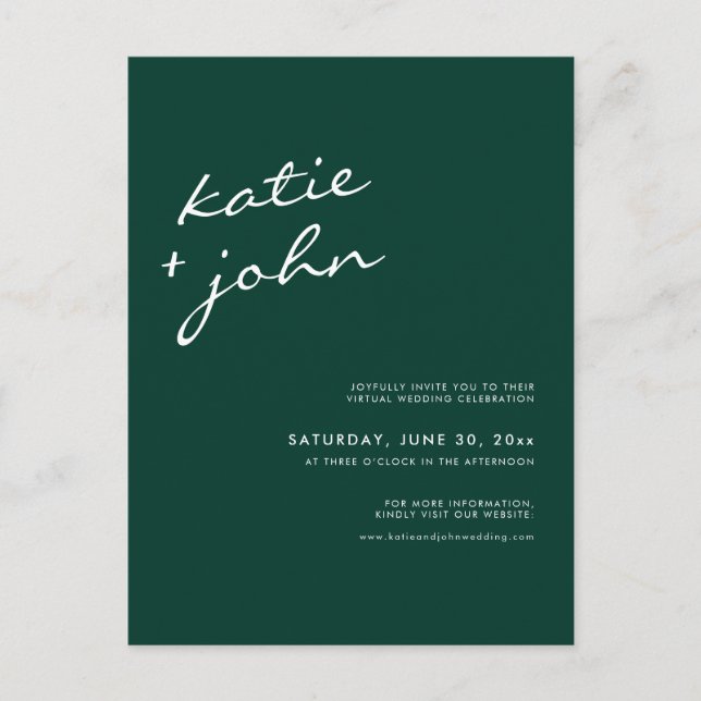 Postal De Invitación Boda virtual de caligrafía verde esmeralda (Anverso)