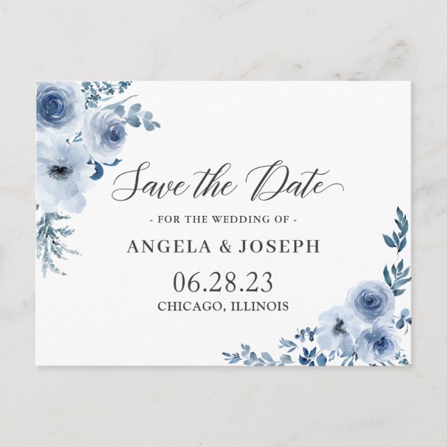 Postal De Invitación Bohemian Dusty Blue Floral Wedding (Anverso)