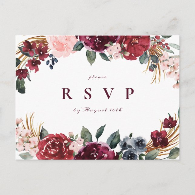Postal De Invitación Boho Borgoña floral boda rústica RSVP (Anverso)