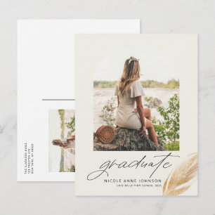 Postal De Invitación Boho Dorado Plumas Arco Foto Graduación