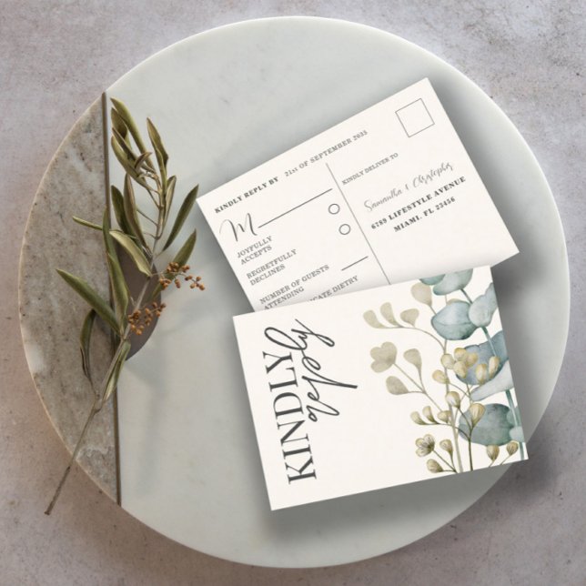 Postal De Invitación Boho Eucalipto Verde Salvia y Beige RSVP (Subido por el creador)