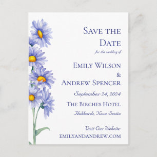 Postal De Invitación Boho Flores Acuarela Aster Azul Salva la Fecha