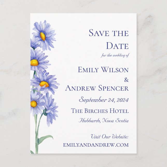 Postal De Invitación Boho Flores Acuarela Aster Azul Salva la Fecha (Anverso)