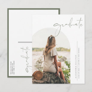 Postal De Invitación Boho Gris Verdoso Minimalista Arco Foto Graduación
