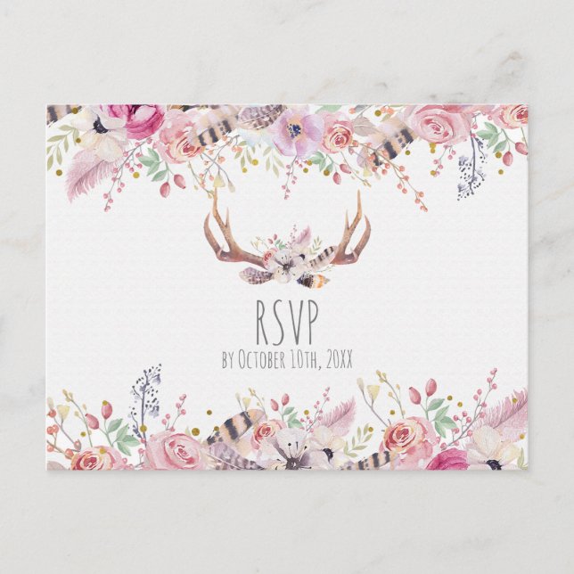 Postal De Invitación Boho Moda flores venados Antlers boda rústica RSVP (Anverso)