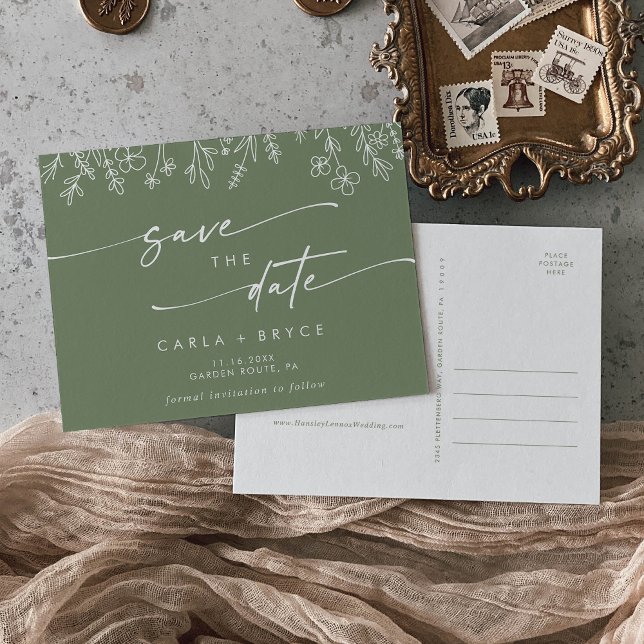 Postal De Invitación Boho Olive Green Wildflower Wedding Save the Date (Subido por el creador)
