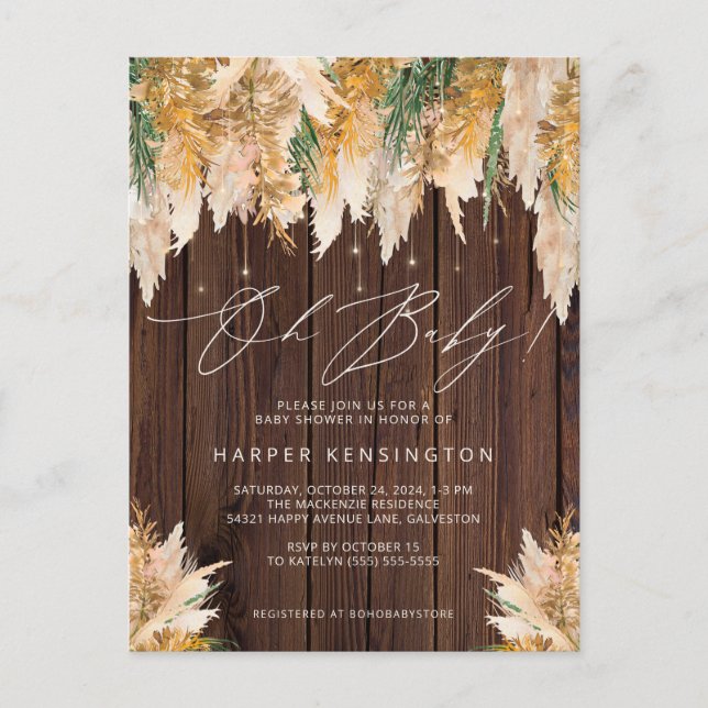Postal De Invitación Boho Pampas Grass Wood Twinkle Lights Baby Shower (Anverso)