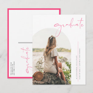Postal De Invitación Boho Rosa Fuerte Minimalista Arco Foto Graduación