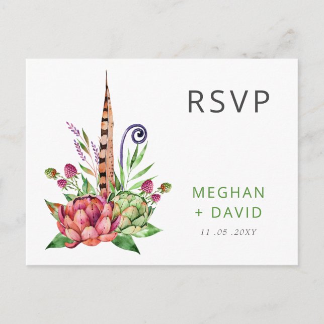 Postal De Invitación Boho rústico exitoso Cactus Greenery Wedding RSVP (Anverso)