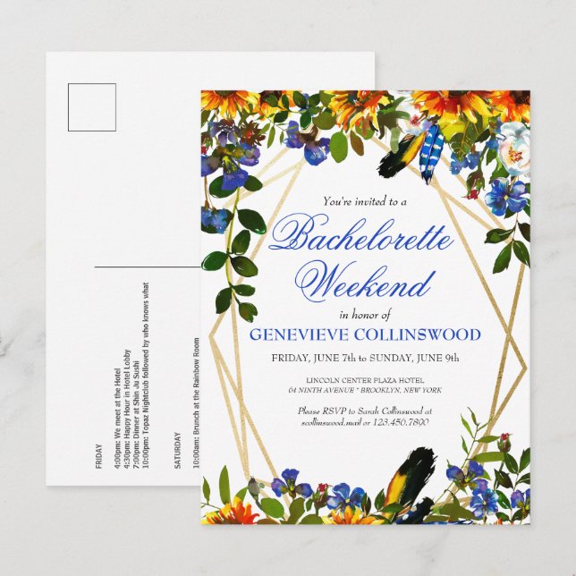 Postal De Invitación Boho Sunflower Blue Bachelorette Weekend Itinerari (Anverso / Reverso)