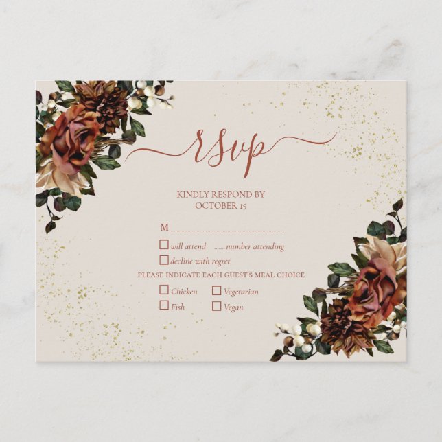 Postal De Invitación Boho Terracotta Greenery Floral Gold RSVP (Anverso)