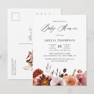 Postal De Invitación Boho Watercolor Flowers Garland Fall Baby Shower