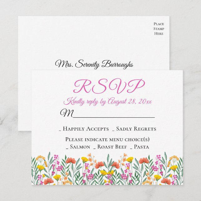 Postal De Invitación Boho Wildflowers Boda floral de primavera RSVP (Anverso / Reverso)