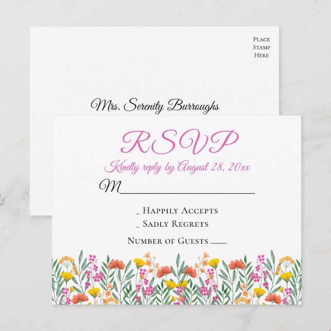 Postal De Invitación Boho Wildflowers Boda floral de verano RSVP (Anverso / Reverso)
