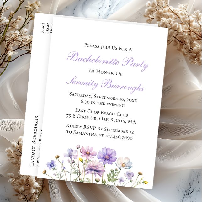 Postal De Invitación Boho Wildflowers Fiesta de Bachelorette Morada Flo (Subido por el creador)
