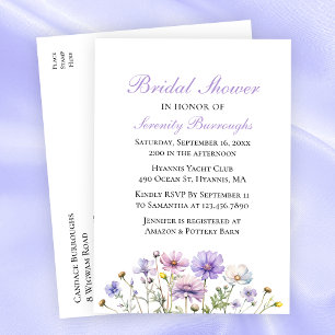 Postal De Invitación Boho Wildflowers Purple Floral Brillante Ducha