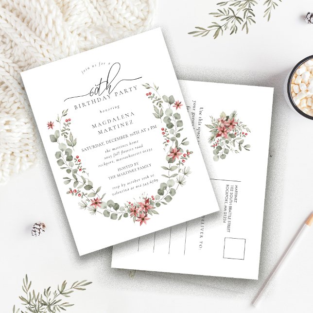Postal De Invitación Boho Winter Greenery Red Floral 60 cumpleaños (Subido por el creador)
