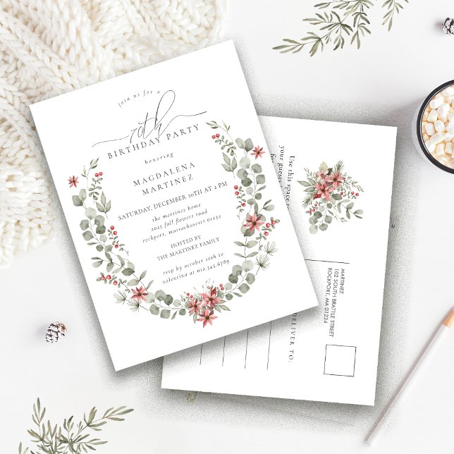 Postal De Invitación Boho Winter Greenery Red Floral 70 cumpleaños (Subido por el creador)