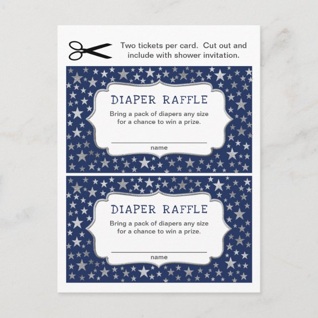 Postal De Invitación Boletos de Navy Silver Stars Boy Diaper Raffle (Anverso)