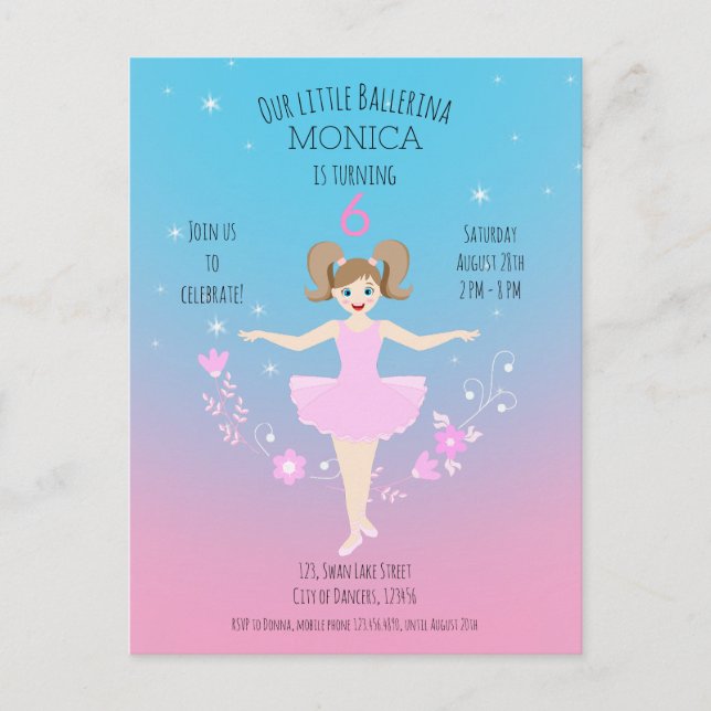 Postal De Invitación Bonito Ballerina chica Fiesta de cumpleaños (Anverso)