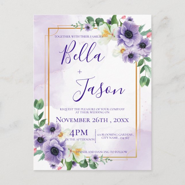 Postal De Invitación Bonito Cute Purple White Floral Frame Boda (Anverso)