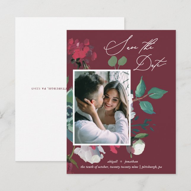 Postal De Invitación Bonito Floral acuarela Boda Borgoña (Anverso / Reverso)