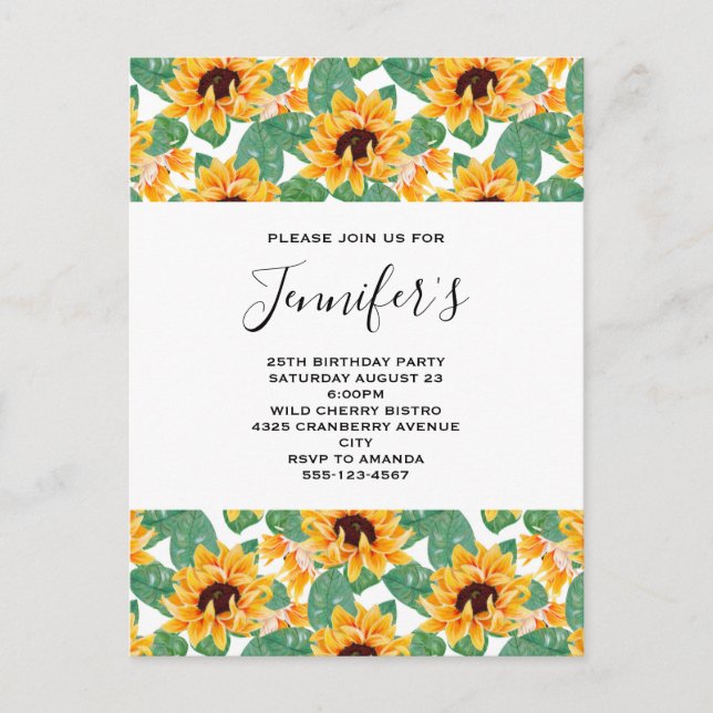 Postal De Invitación Bonito Patrón girasol Amarillo y Aniversario Verde (Anverso)