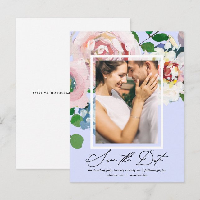 Postal De Invitación Bonito Periwinkle Floral Photo Save the Date (Anverso / Reverso)