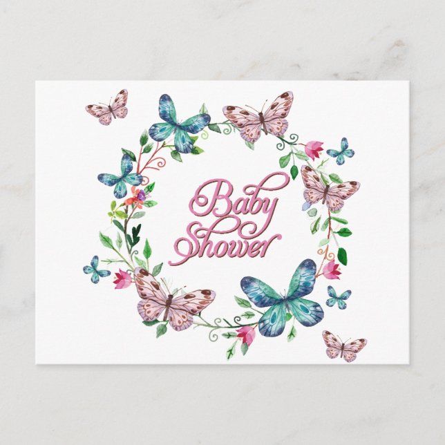 POSTAL DE INVITACIÓN BONITO SPRING FLORAL BUTTERFLY WREATH BABY SHOWER (Anverso)