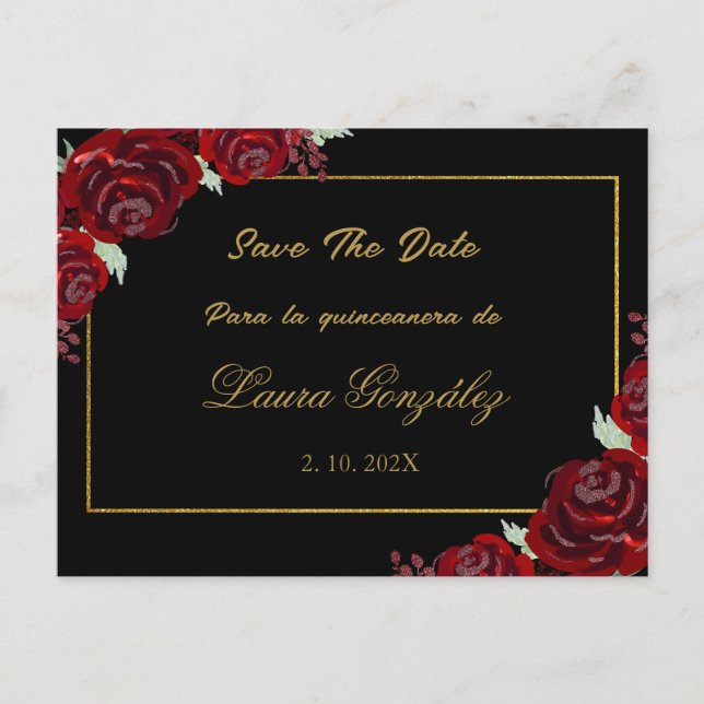 Postal De Invitación Borgoña negra salva la quinceañera de la fecha (Anverso)