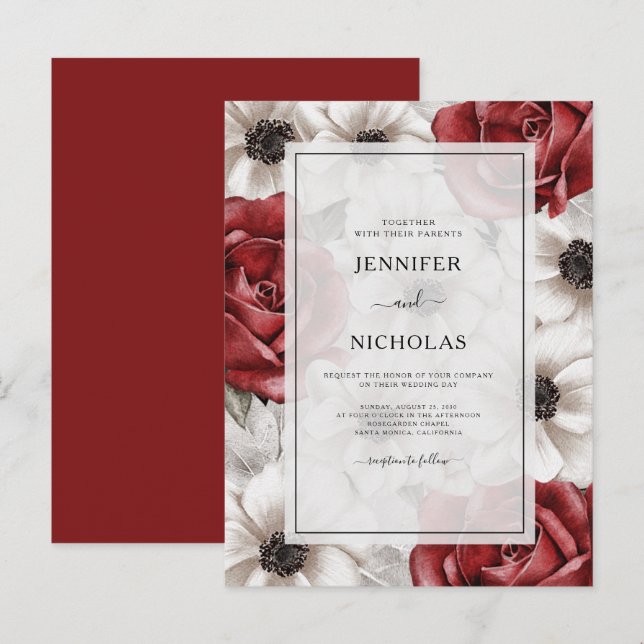 Postal De Invitación Borgoña Roses Roses Blanco Anemone Boda Floral (Anverso / Reverso)