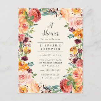 Postal De Invitación Borgoña y ducha de novia con marco floral rosa Rub
