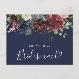 Postal De Invitación Borgoña y floral azul serás mi dama de honor